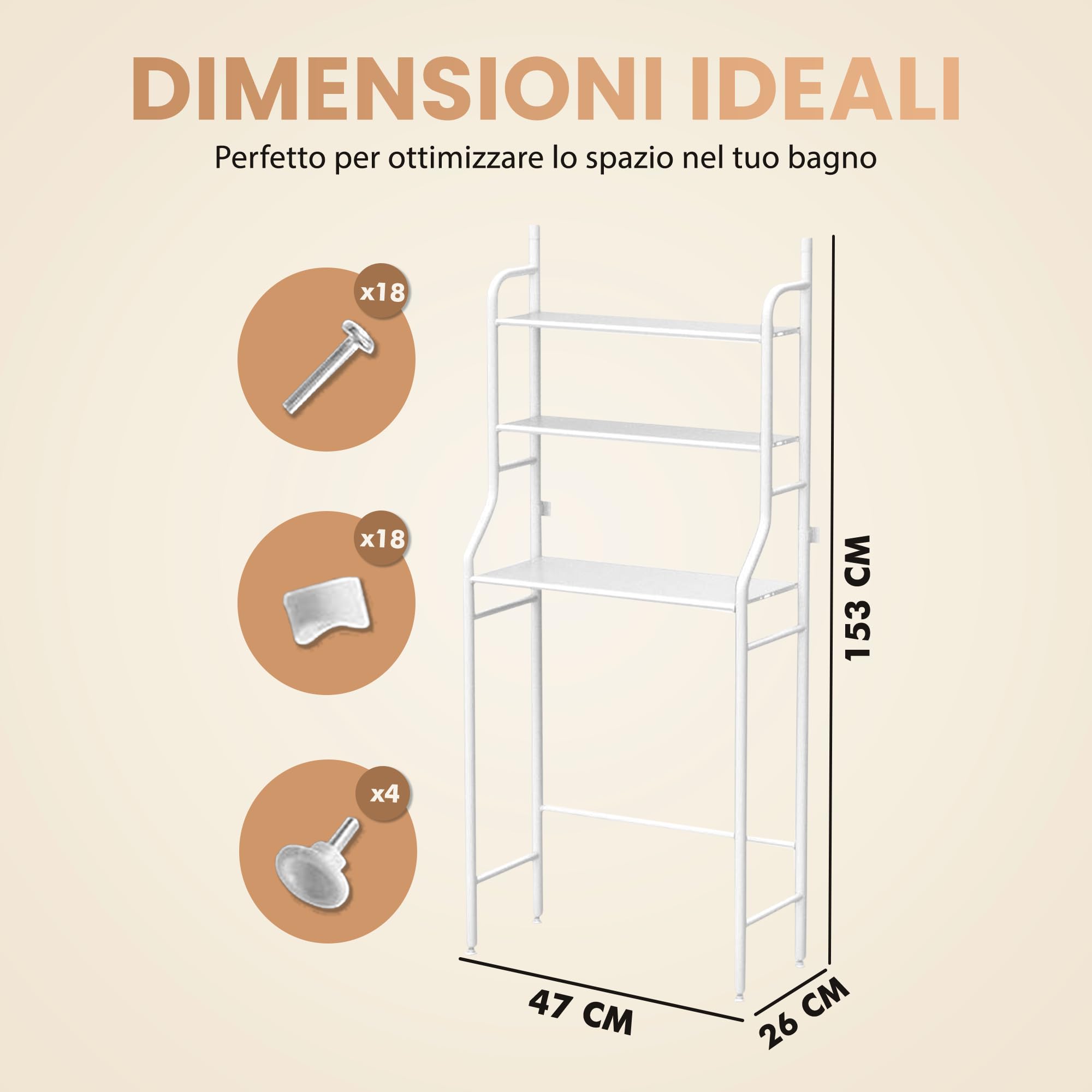JUPPLIES Mobile Sopra WC Bagno 3 Ripiani Salvaspazio Scaffale Sopra Toilette Metallo 47x26x153cm Piedi Regolabili Anti-Ribaltamento