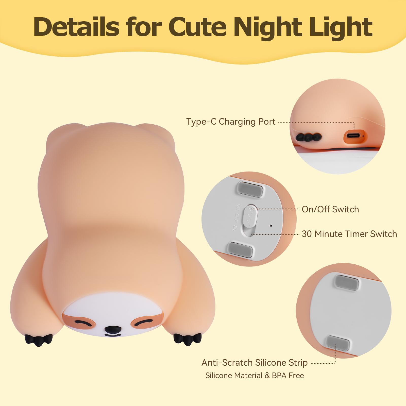 Luz nocturna de perezoso, luz nocturna regulable de 3 niveles, silicona de grado alimenticio, recargable para niños, decoración del hogar, ideal para regalos