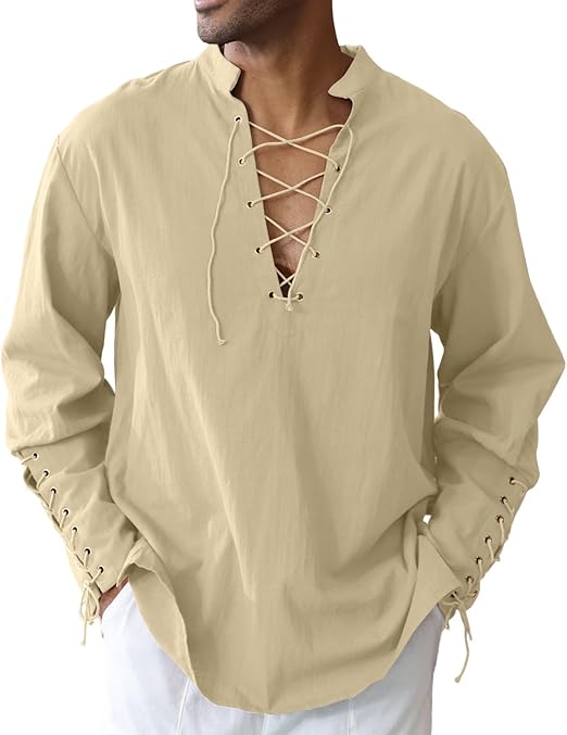 Men's Cotton Linen Shirt Drawstring Arm Banded Tops Medieval Viking Pirate Renaissance Halloween Costume