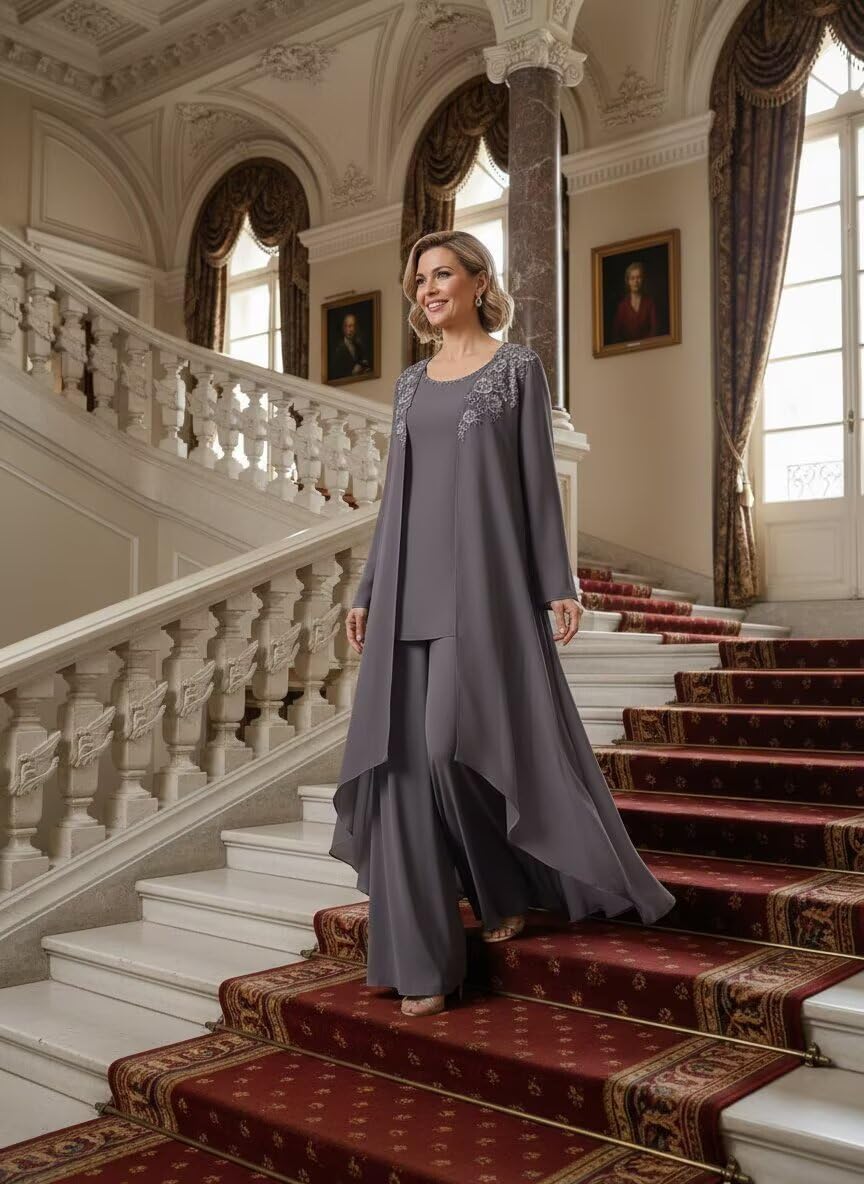 3-Teilig Festliche Elegant Hosenanzug Damen Chiffon Mit Spitzenstickerei - Hochzeitsgast Brautmutter Outfit Mit Jacke Langarm Hosenanzüge Formelle Abendgarderobe