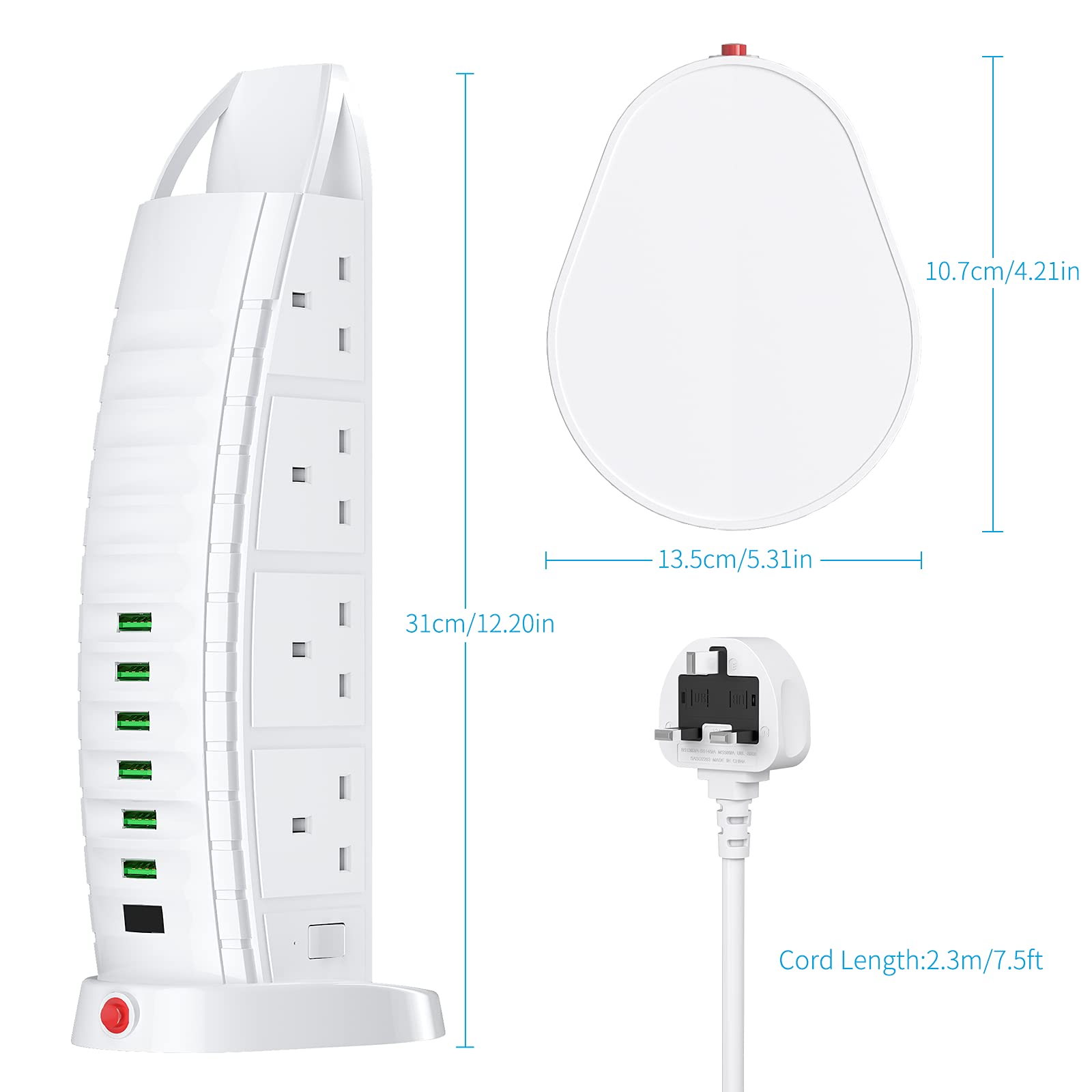 Extension Lead with USB, Tower Extension Cord 8 Way Outlets 6 USB (2