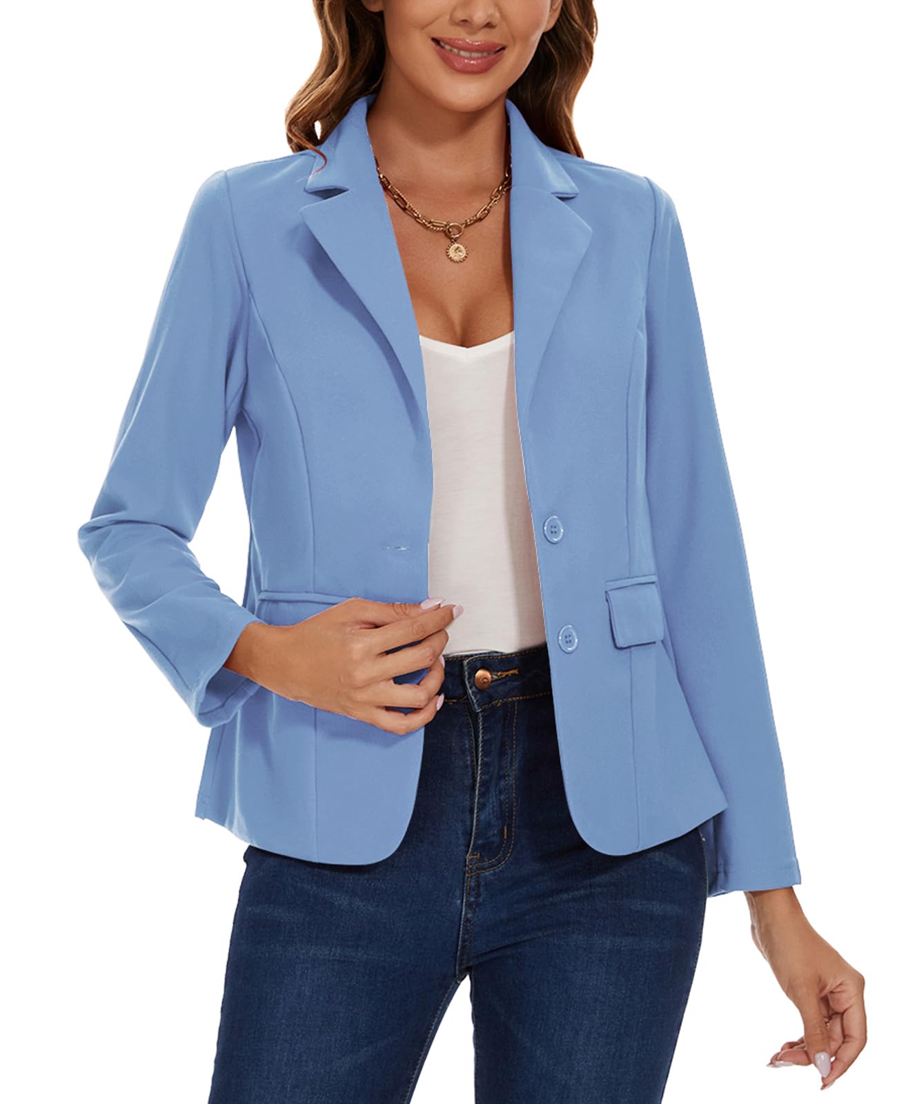 Blazer da donna con 2 bottoni, giacca blazer con risvolto dentellato casual classico a maniche lunghe abbigliamento da lavoro tasche con patta foderato sul davanti