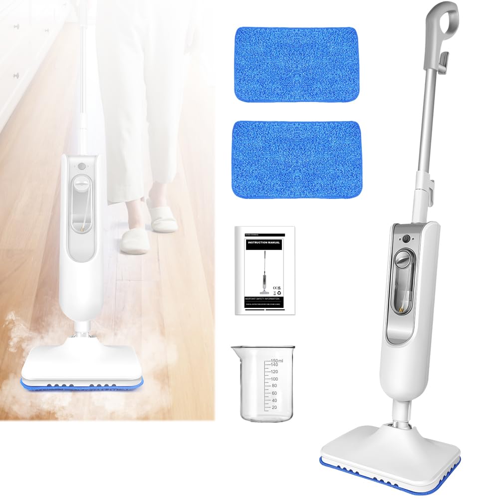 Qimu 1500W Dampfreiniger entfernt bis zu 99,9% der Bakterien und Voran, Dampfbesen Reiniger Dampf Mop Boden&Hand-dampfreiniger für Tiefenreinigung alle Böden Hartholz Fliesen, 400ML Tank, 2 Mopptuch