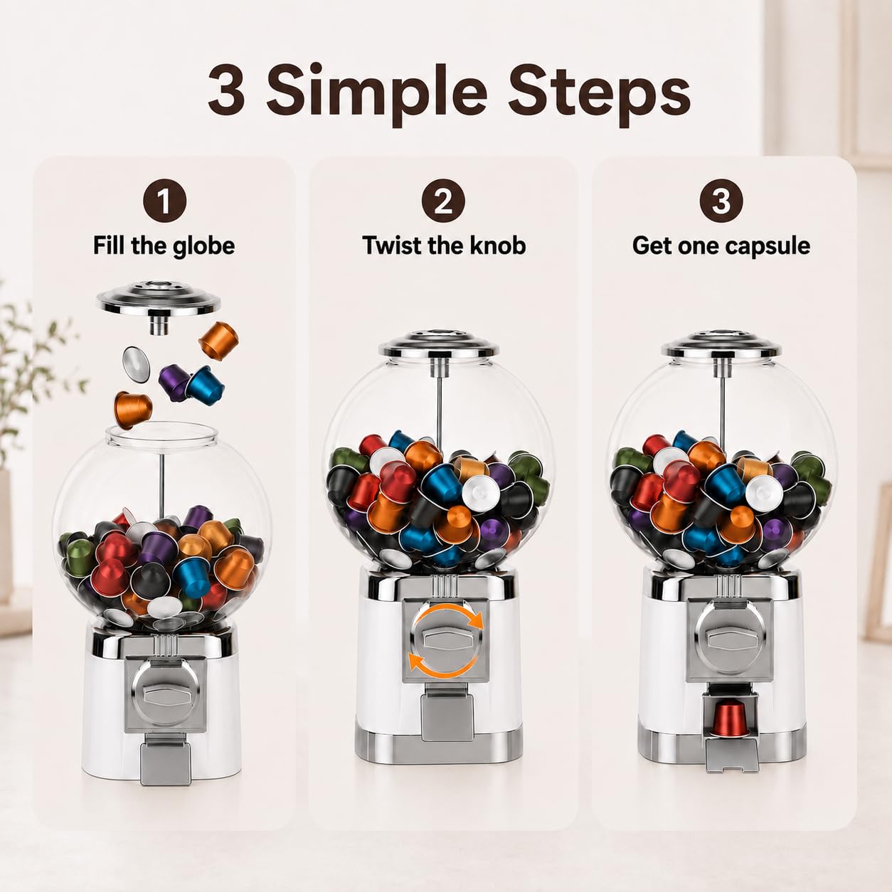 Dispensador Manual de cápsulas de café para mostrador y Zona común | El selector regulable guía diferentes formatos compatibles hacia la salida inferior durante la rotación completa del mando.
