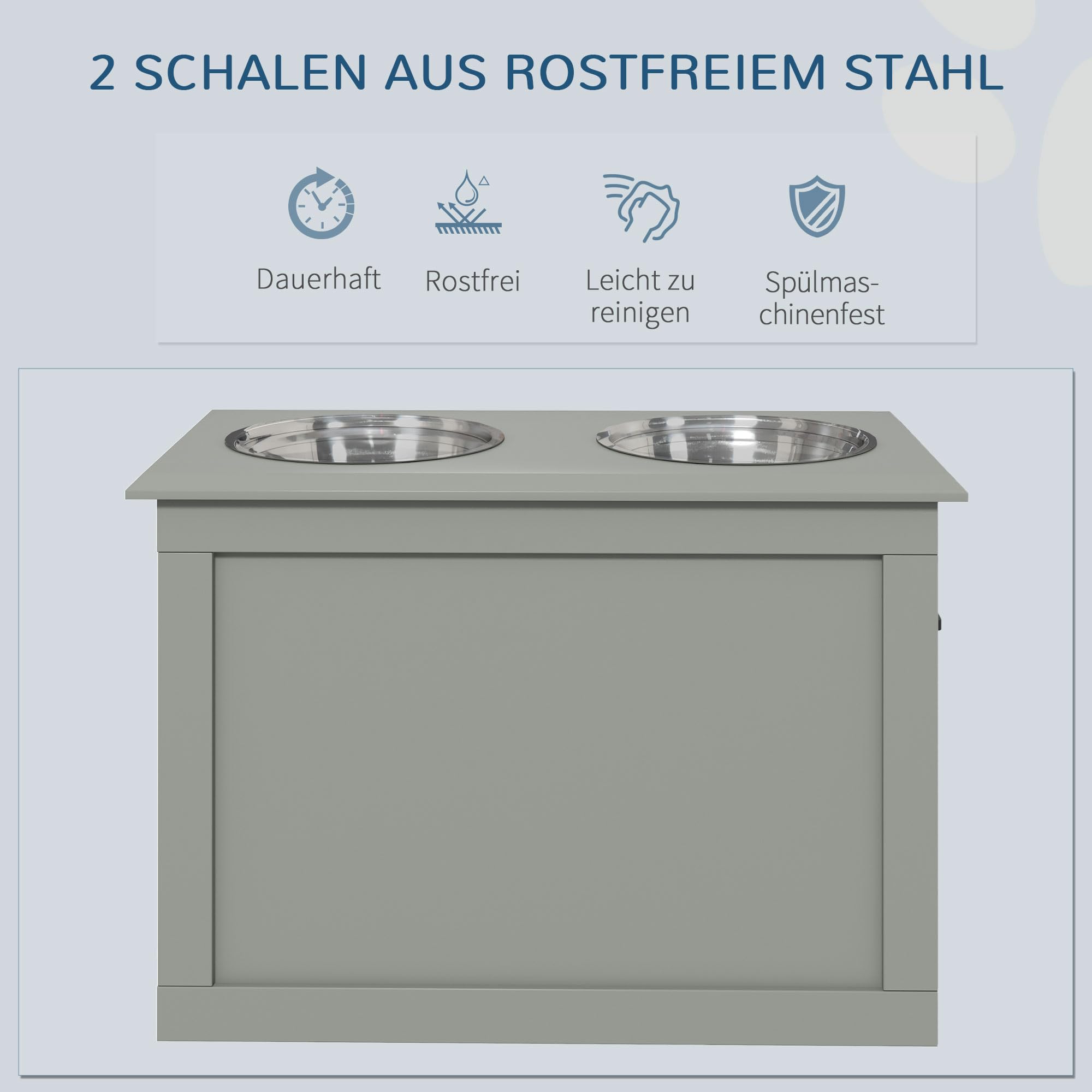 PawHut Erhöhter Hundenapf Futternapf mit Staumraum Wassernapf 2 x 2000ml Edelstahlnäpfen Hundenäpfe Fressnapf Futterstation für Hunde Katzen Grau