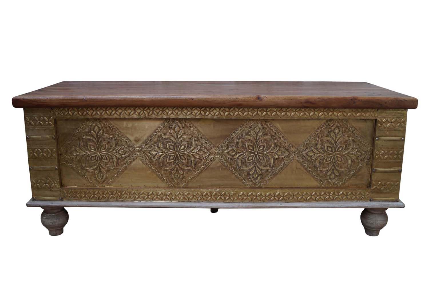 Wooden Storage Trunk, Carved Trunk, Wooden Coffee Table for Living Room, Center Table with Storage, Deccorative Box, Blanket Box for Bedroom, Brass Embossed Floral Motif, Bohemian Style, Bun Feet.-image-49