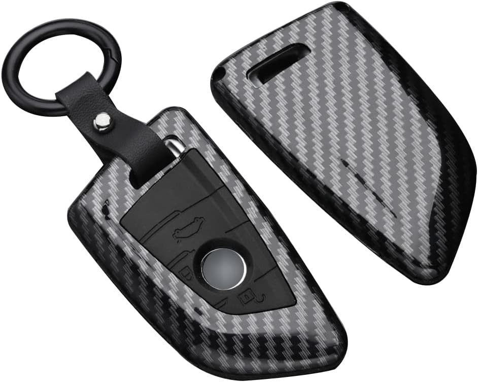 SANRILY 1Pcs Key Fob Cover Case for BMW X1 X3 X5 X6 5 Series 2018 7 Series 2017 up 2 Series 6 Series GT Carbon Fiber ABS Silicone Keyless Remote Key Fob Protector with Keychain Red