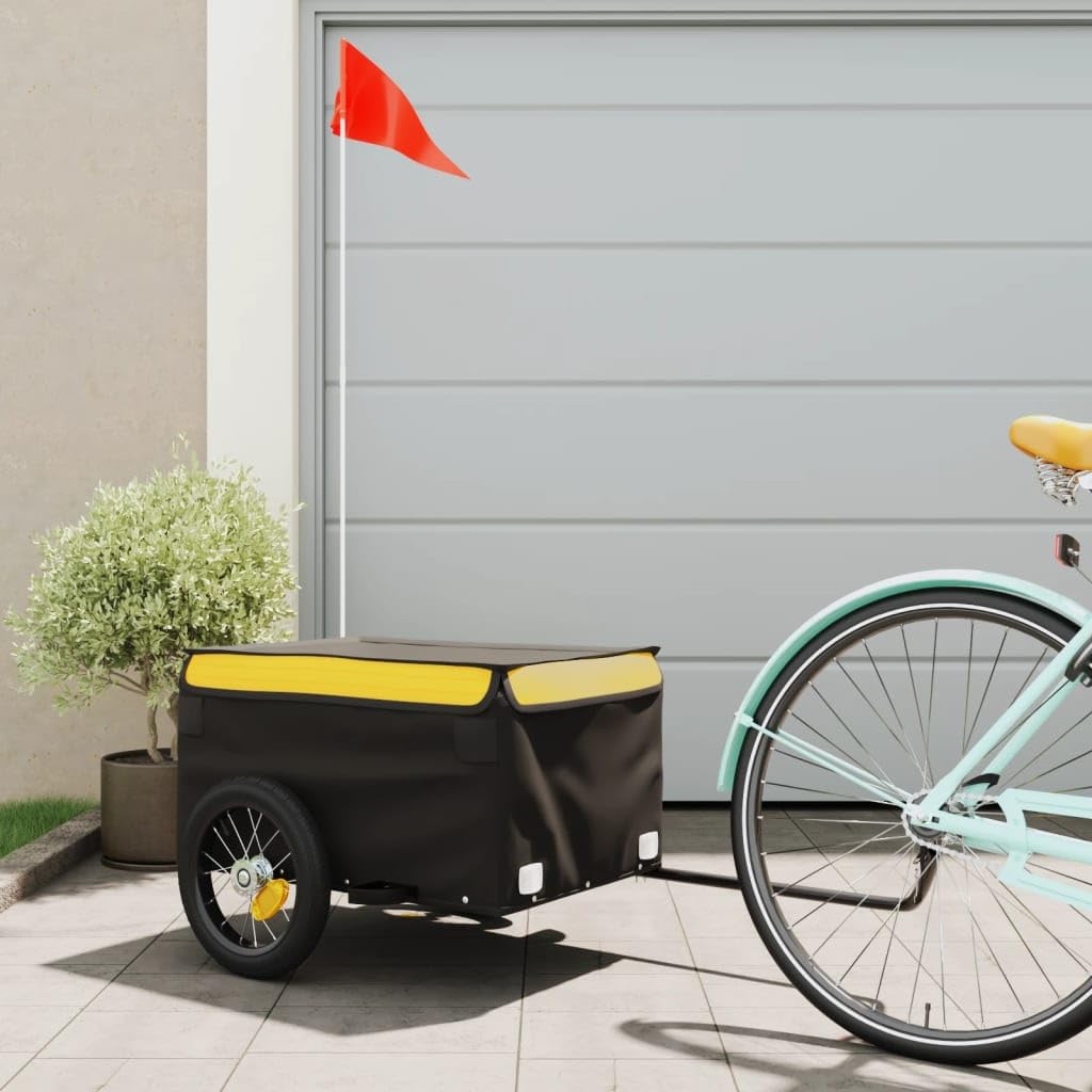 vidaXL Remorque de Vélo, Chariot de Transport avec Barre, Remorque de Bicyclette avec Drapeau Jardin Extérieur, Noir et Jaune 30 kg Fer