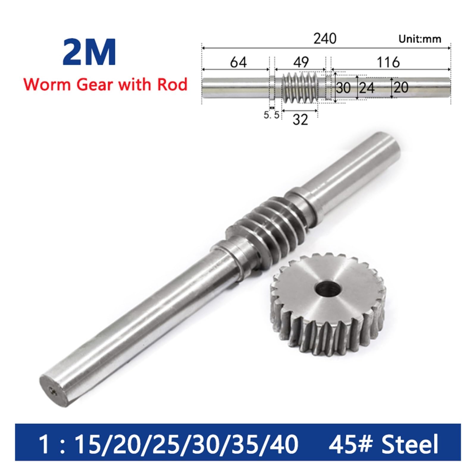 Bevel Gear Pinion Hardware Mechanical 1 Set 2M Worm Gear with Rod Reduction Ratio 1:15/20/25/30/35/40 Steel Worm Gear Rod Reducer Transmission Parts(15T Gear bore 10mm)