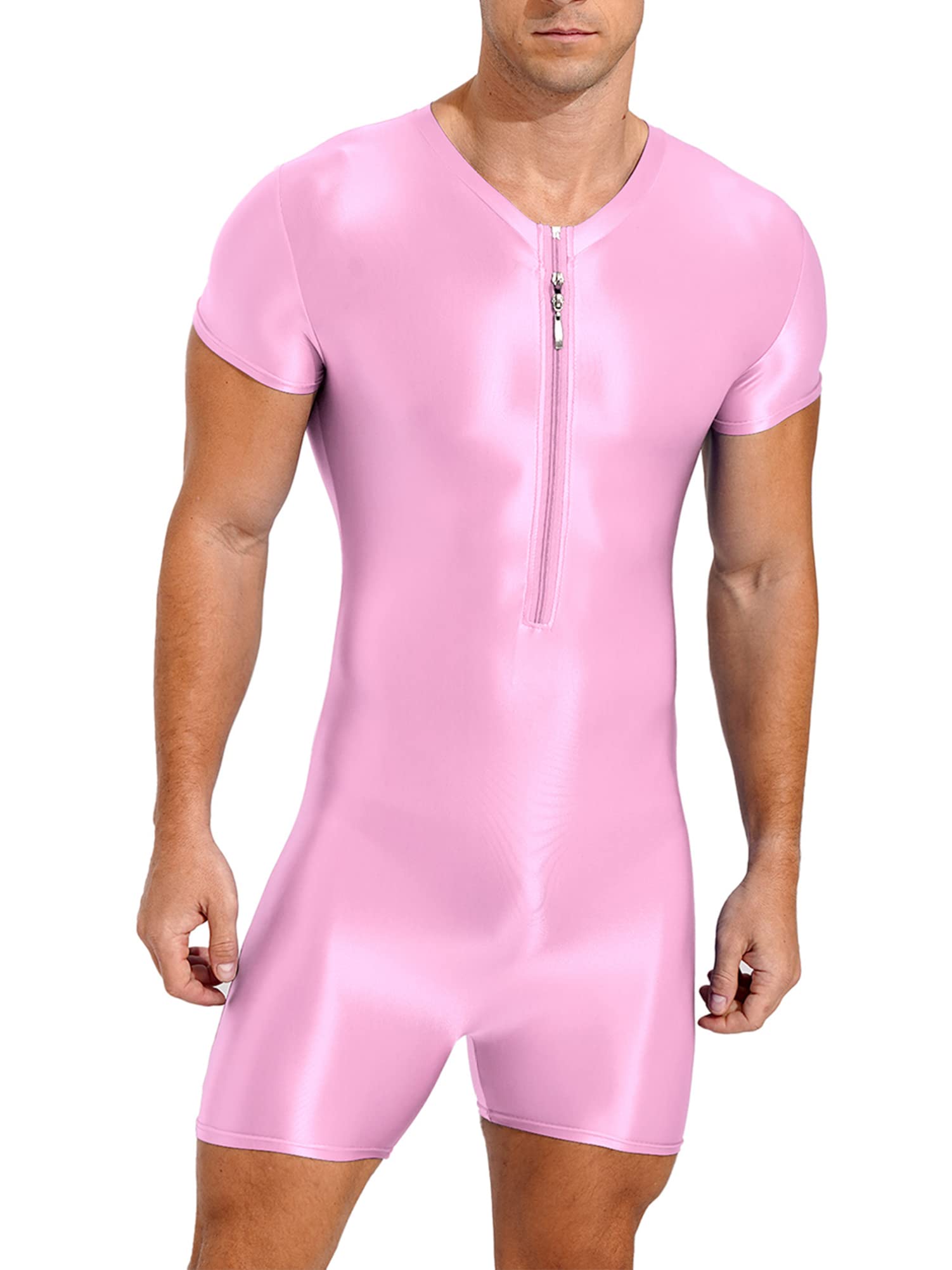 CHICTRY Men's One-Piece Short Sleeve Workout Bodysuit Zipper Front Leotard Wrestling Singlet Unitard Pink XL โ image 1