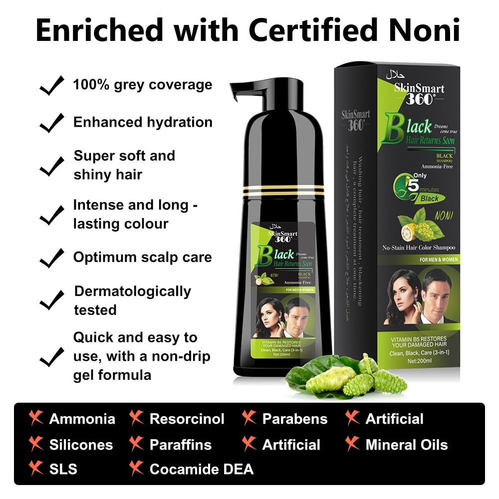 SkinSmart 360® No-Stain Hair Dye Shampoo – Full Gray Coverage for Men & Women, 3-in-1 Color + Cleanse + Condition, Natural Ingredients, Easy No-Mix Formula, 200 mL (Natural Black)
