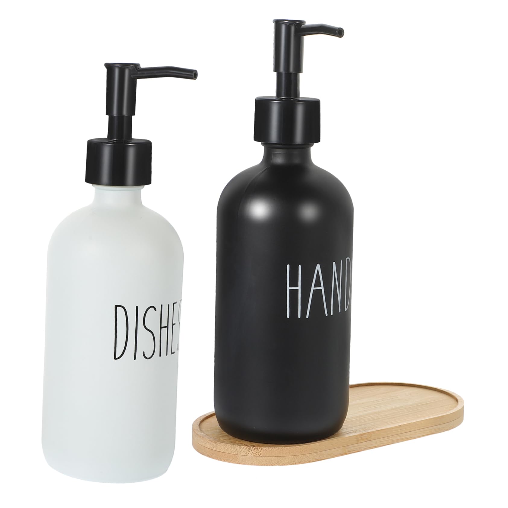WOONEKY Set 1 Flacone Dosatore in Vetro 500ml con Pompa e Vassoio in Bambù, Ricaricabile, per Sapone Liquido in Cucina e Bagno