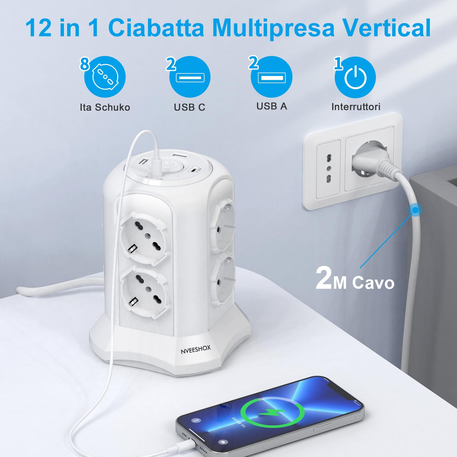 NVEESHOX Multiprise avec 8 prises universelles ITA 10/16 A et Schuko, 2 USB-C et 2 USB-A (20 W PD3.0), 4000 W/16 A, tour de protection surtension avec interrupteur, 2 m câble (blanc)