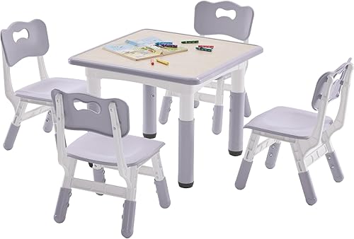 Miniatura 10 de Juego de mesa y 2 sillas para niños, mesa y sillas para niños pequeños de altura ajustable con escritorio de graffiti, 23.6 pulgadas de largo x 23.6