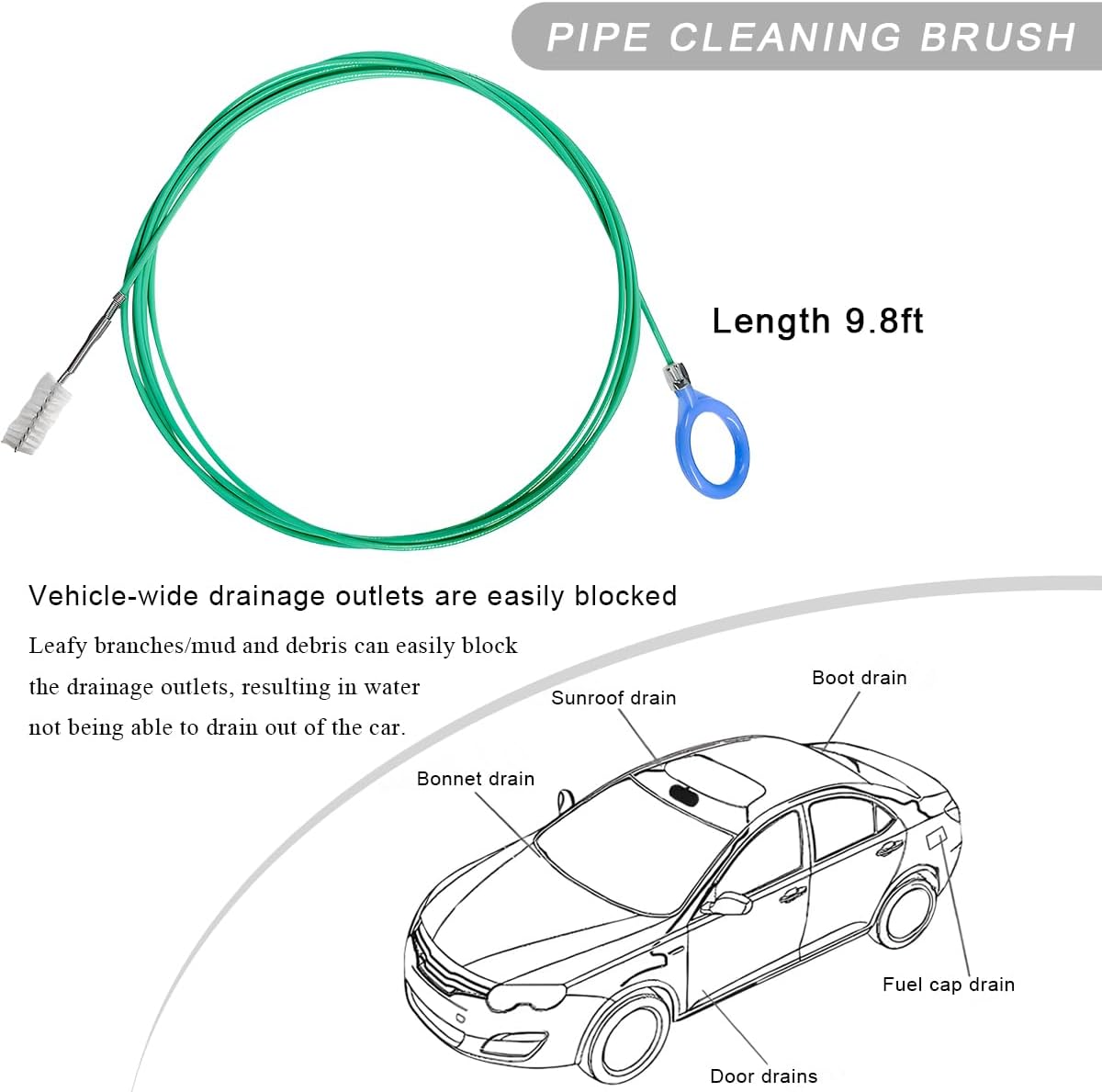 DXNQ Auto Sunroof Drain Cleaning Tool, 118 Inch Long Pipe Cleaning Brush Windshield Wiper Drain Hole, Flexible Slim Drain Dredging Brush Tube Cleaner for Car Tank Drain Kitchen