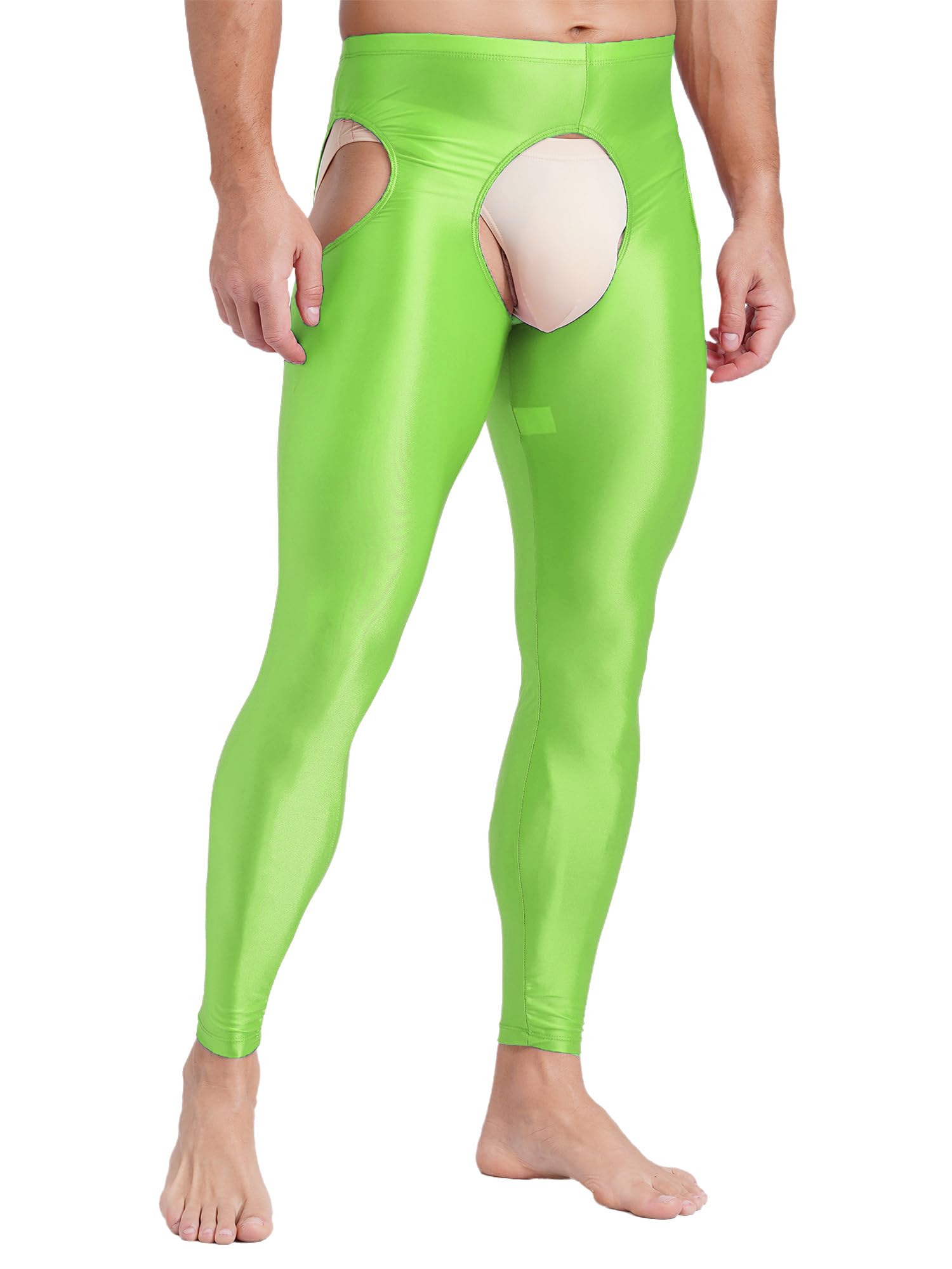 Vxuxlje Men's Oil Shiny Open Crotch Leggings High Waist Cut Out Leggings Compression Pants: Large Fluorescent Green