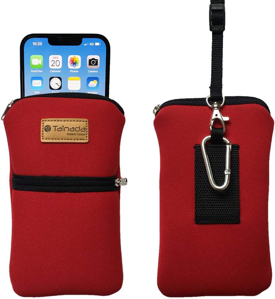 Image of Tainada Men Women Phone Neoprene Shockproof Zipper Sleeve Case Bag Pouch with Carabiner, Neck Lanyard, Belt Loop Holster for iPhone 16 /15 Pro Max, 16 /15 Plus, 16e ; Samsung S25+, S24, Z Fold7, 6 (Red)