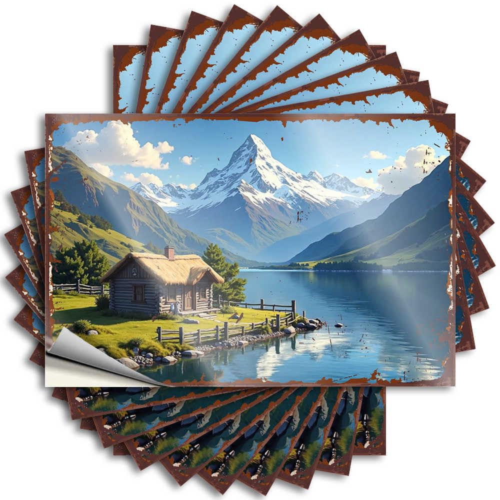 Beer Bumper Stickers | Log Cabin By The Lake with Snow-Capped Mountains in The Backgroun Sweet Durable Vinyl Sticker Easy Apply for Gamers(6X9CM)