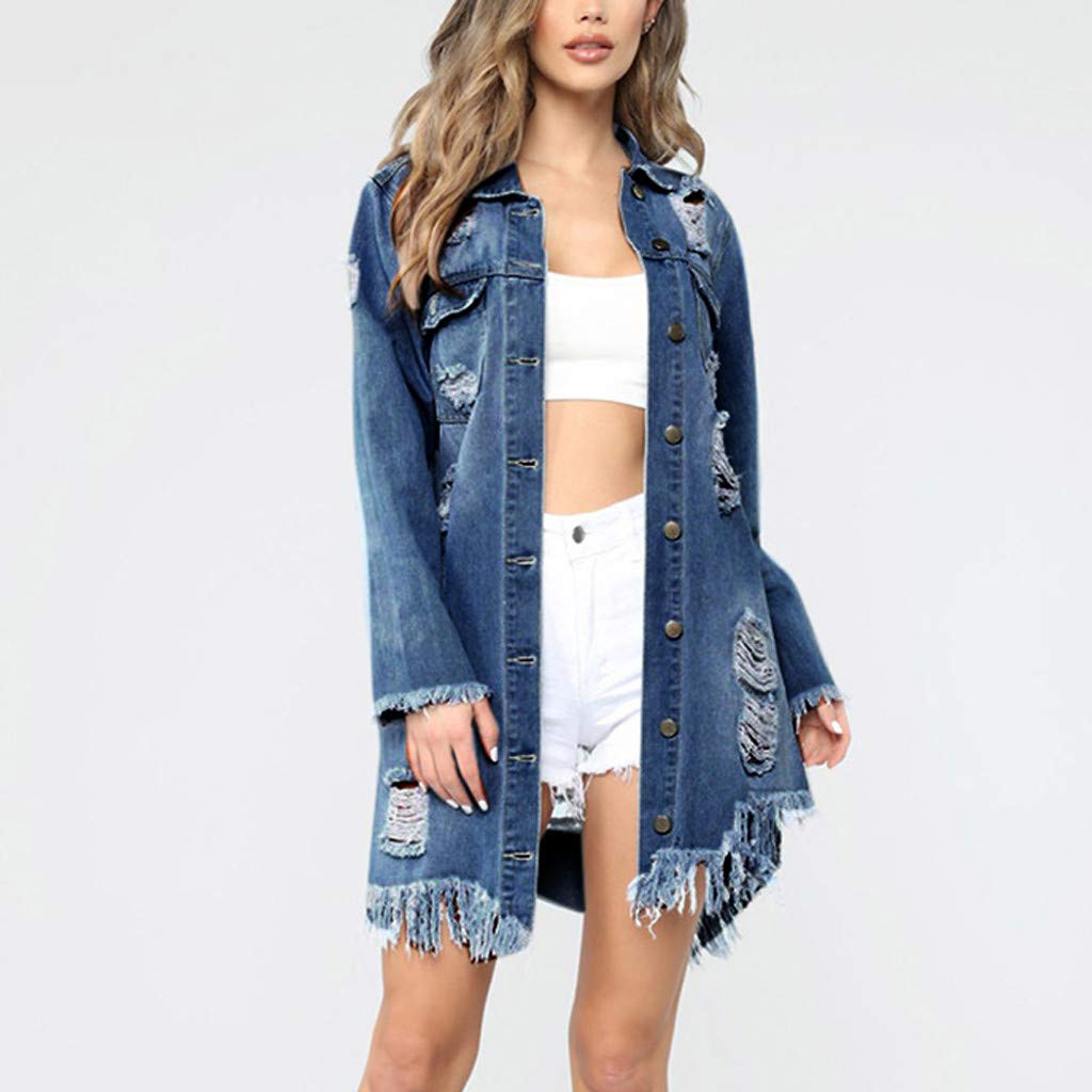 Jeansjacke Damen Löcher Blauer Jacke Jeans Übergangsjacke Mit Knöpfen