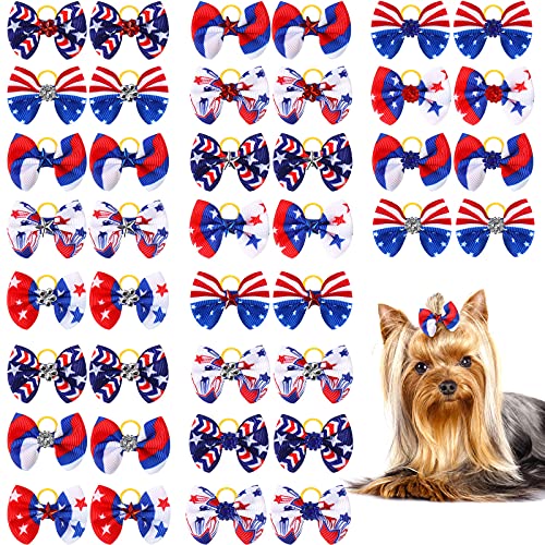 Waydress Patriotic Dog Hair Bows for 4th of July 40 Pieces/ 20 Piars Pet Dog Rhinestone Hair Bows with Rubber Bands…