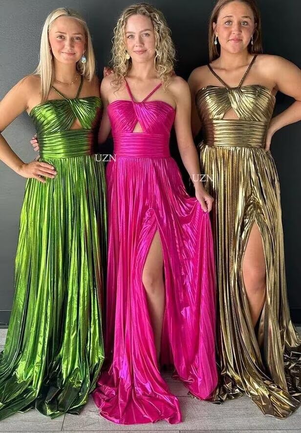 UZN Sparkly Satin Prom Dresses Long Spaghetti Straps Keyhole with Split Formal Party Gowns4