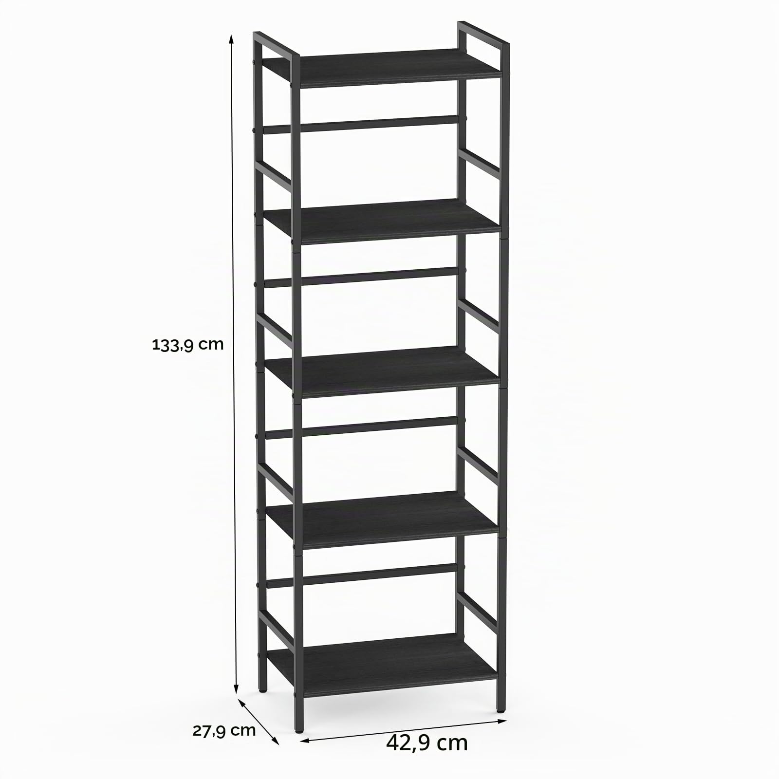 CADUKE Estantería de 5 Niveles, Gran Librero Negro con Almacenamiento Abierto, Estructura de Madera y Metal, Estante de Estilo Industrial para Sala, Dormitorio, Oficina, 43 x 28 x 134 cm