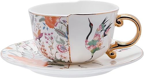 Juego de taza de café y platillo para 1, tazas de té de porcelana con platillos, patrón único, 8.8 onzas, grúa