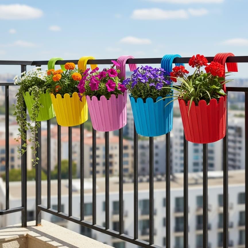 Image of Premium Multicolour Railing Planter with Hook - Durable Plastic Hanging Flower Pot for Balcony, Fence Design Gamla for Indoor /Outdoor Plants, Herbs & Creepers (5, Multicolour)