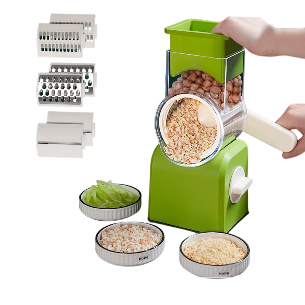 Rotary Cheese Grater Vegetable Cutter with Handle 3 Interchangeable Stainless Steel Blades, Kitchen Tool Food Slicer Grater for Vegetables, Nuts and Fruits
