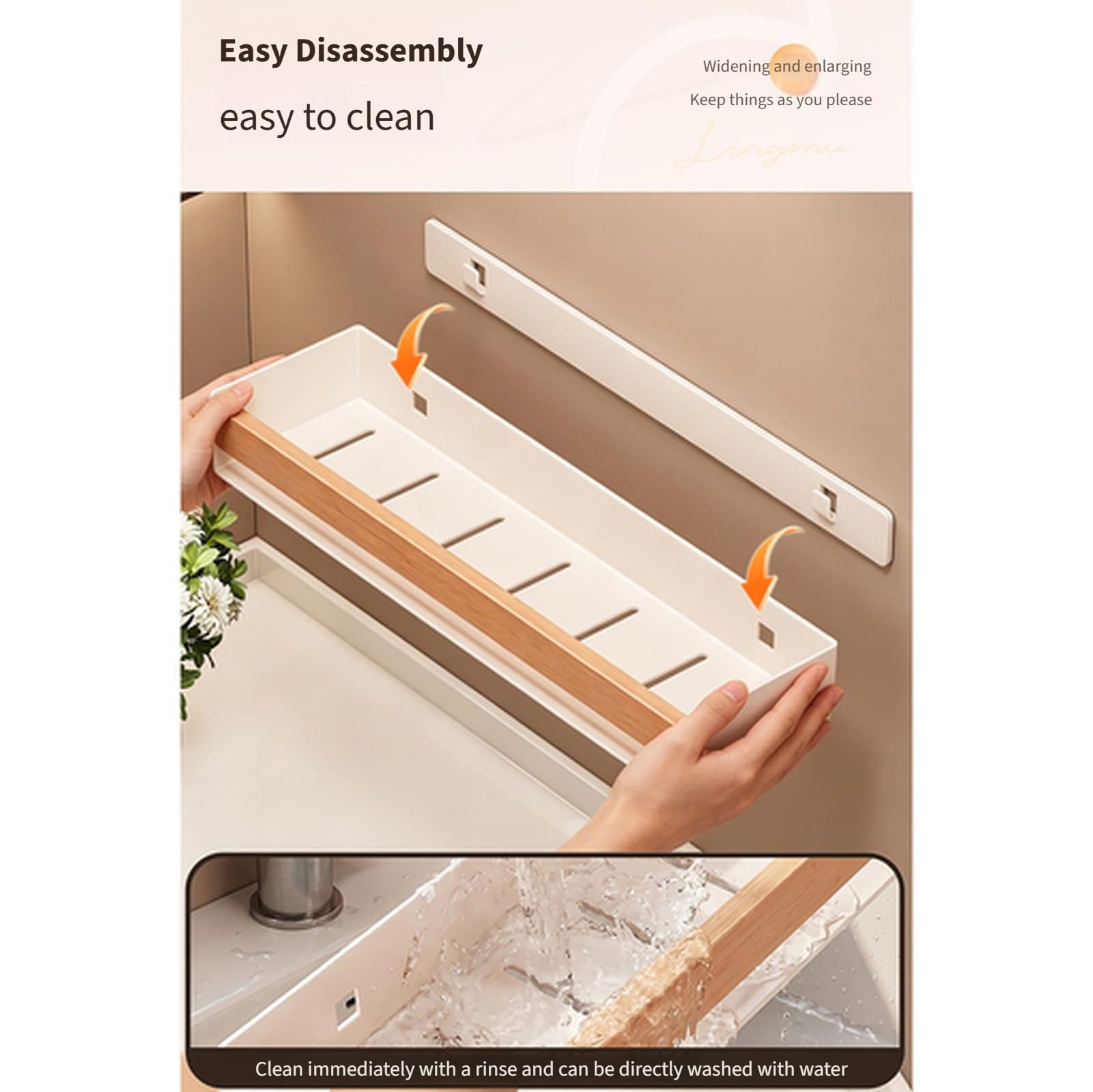 Badezimmer Wandregal ohne Bohren, Duschablage aus Kohlenstoffstahl mit Holzoptik, Wandorganizer mit Absturzsicherung, abnehmbares waschbares Fach, für Bad, Küche, Mietwohnung(White,40CM)