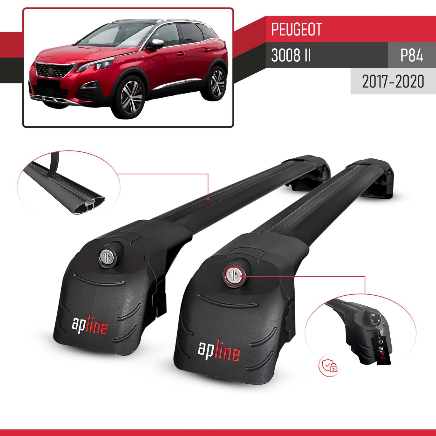 Compatible con Peugeot 3008 II (P84) Pre-Facelift 2017-2020 Modelo Ace-2 Barra de Techo Auto Portaequipajes Barras Transversales Negro Aluminio 2 Barras