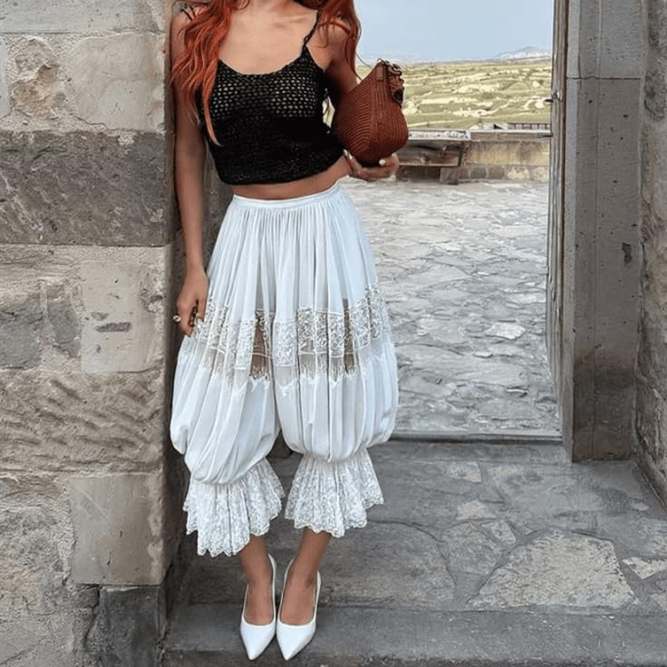 Bocymolay Women Lace Long Bloomer Pants Y2k Capri Pants Lounge Pjs Aesthetic Pantaloons Under Dress Pettipants Slips2