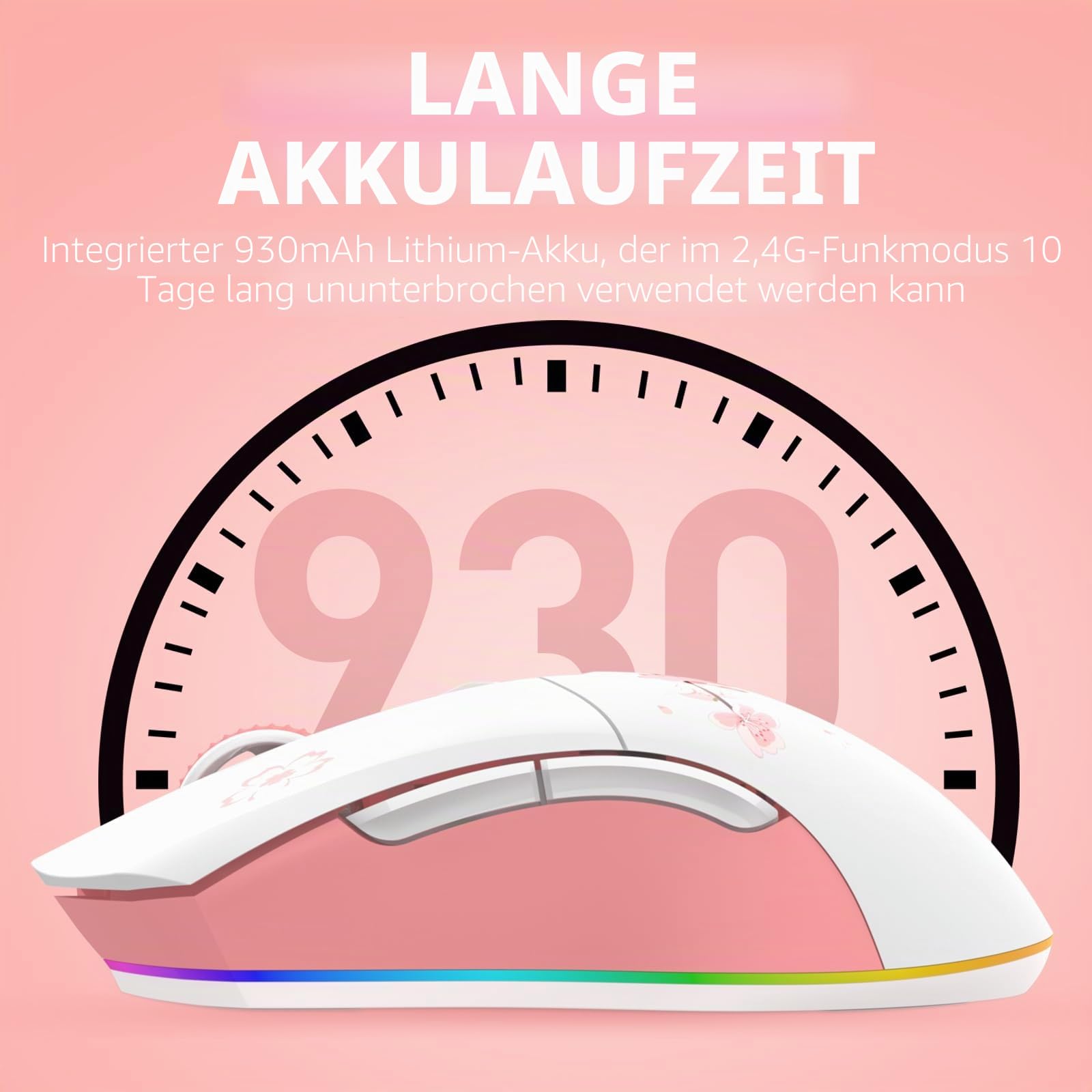 DAREU Sakura Pink Gaming Maus Kabellose mit Magnetic Charging Dock, 12K DPI, 6 Programmierbare Tasten, 300IPS 1000Hz