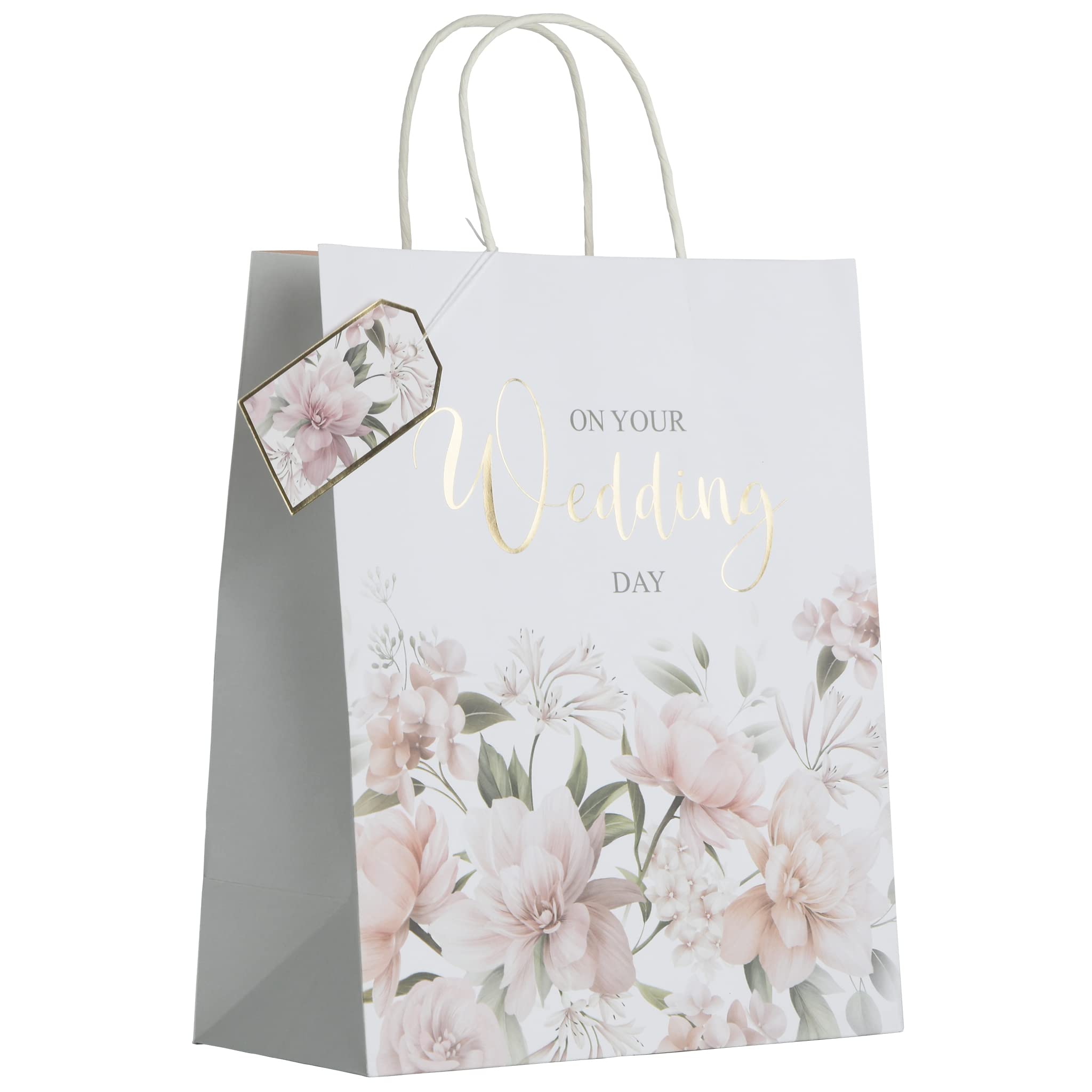 Partisan Products White Kraft Paper Cherish On Your Wedding Day Gift Bag with Flower Print Shopper Fully Recyclable Large