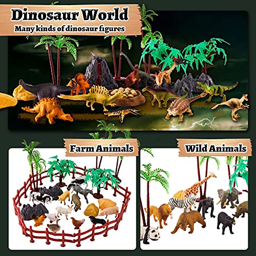 TOEY PLAY 3 in 1 Tierfiguren, Dinosaurier Figuren, Safari Wildtiere, Bauernhof Spielzeug, 56 Stück mit Portable Koffer, Geschenk für Kinder Jungen ab 3 Jahre