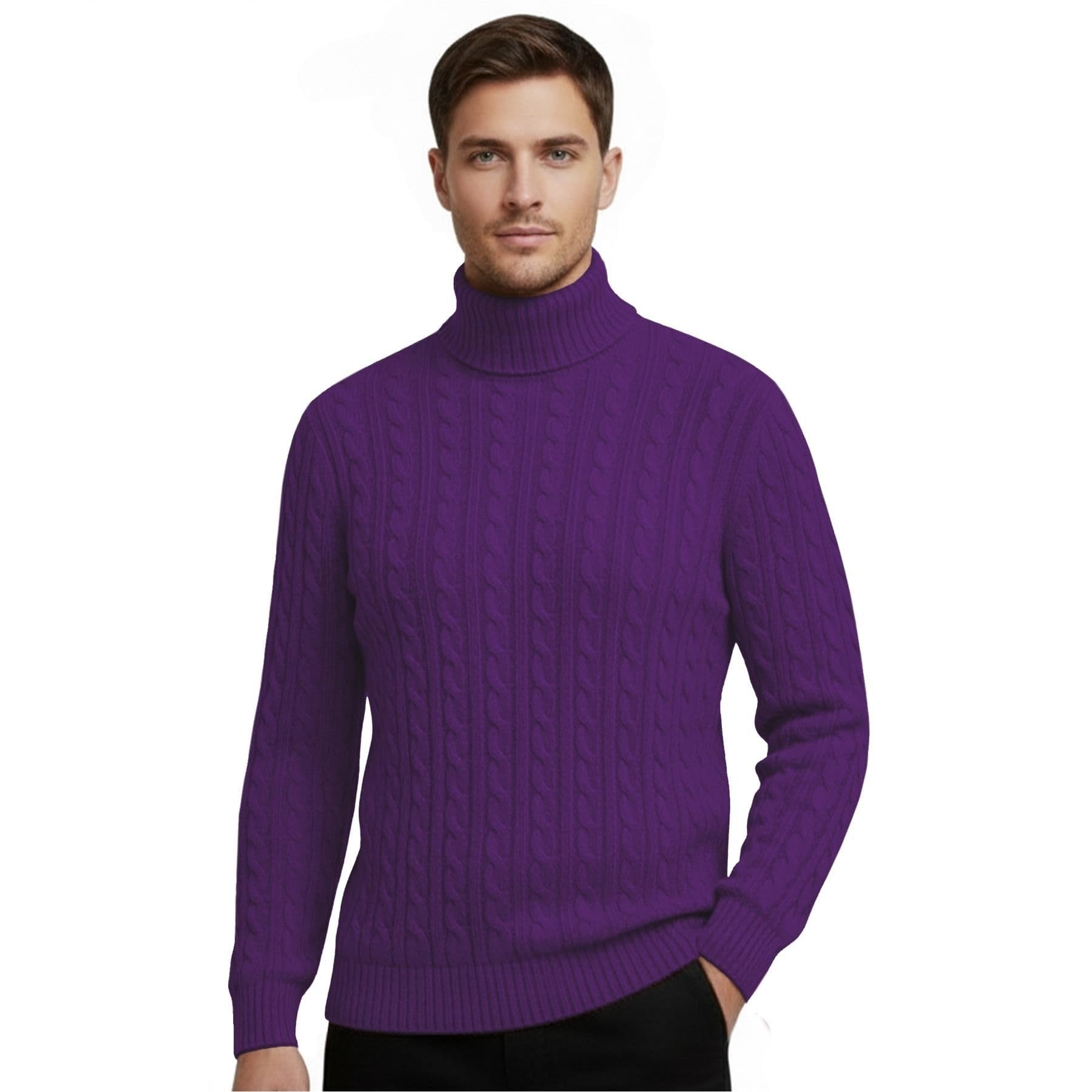 Hamishkane Mens High Polo Roll Neck Jumper, Cable Knitted Long Sleeve Turtle Neck Sweaters, Casual Pullover Winter Jumpers for Men UK Purple