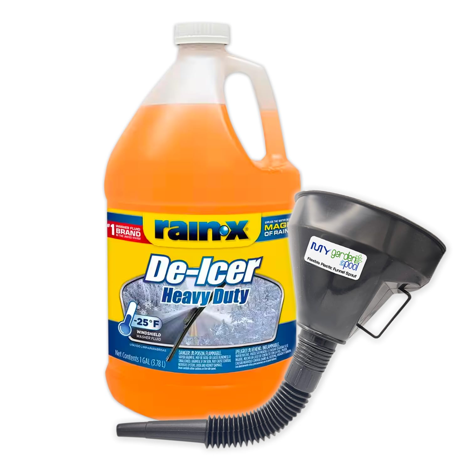 My Garden Pool Rain-X De-Icer Windshield Washer Fluid -25F 1 Gallon - Ultimate Visibility, Protection Plastic Funnel Spout for Easy Pouring Hard-to-Reach Vehicles