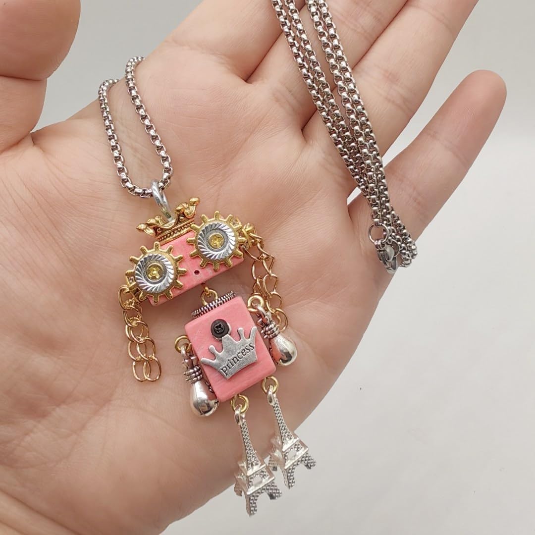 DEUXPER Steampunk Robot Pendant Necklace for Men Women, Unisex Unique Charms Jewelry Design of Pure Handmade With Wood and Metal Chain, Creative Birthday Gift