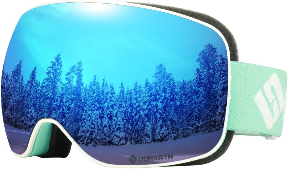 Ski Snowboard Goggles Magnetic Mirrored Lens 120s Anti-Fog for Adult Sky-blue Lens / Blue Frame / Vlt 26% VLT 26%