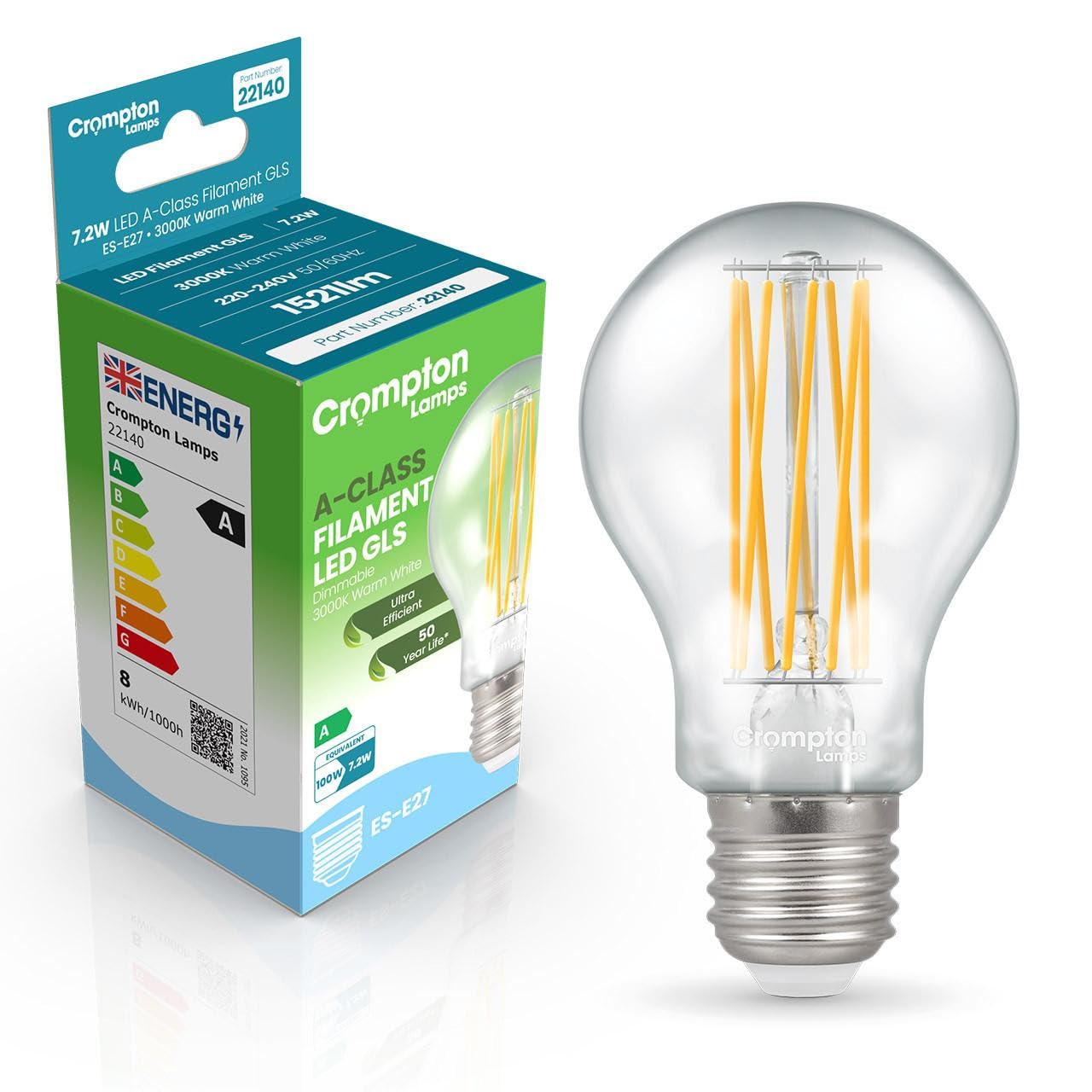 Crompton Lamps LED Ultra-Efficient GLS 7.2W ES-E27 Dimmable A-Class (100W Equivalent) 3000K Warm White Clear 1521lm ES Screw E27 Energy Efficient Filament A-Rated Light Bulb