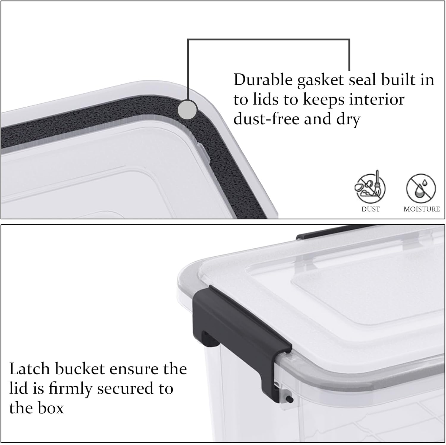 Set of 6 WeatherPro 12 Quart Plastic Latching Box with Gasket Seal Lid, Clear Stackable Storage Container Tote Bin