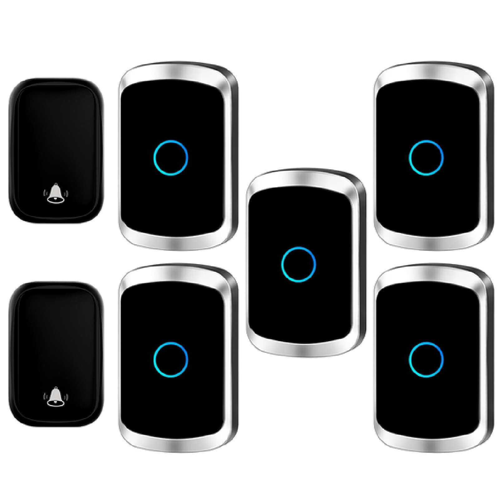 『No requiere batería』Timbre inalámbrico IP55 resistente al agua, kit de timbre de puerta con 6 receptores enchufables y 2 transmisores autoalimentados de presión, 5 niveles de volumen, 60 timbres,