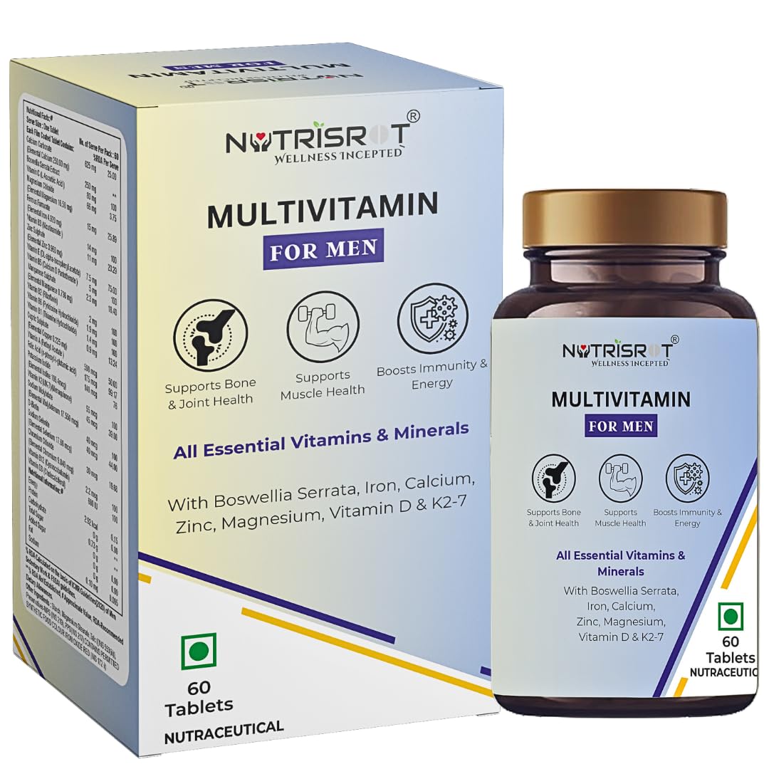 NUTRISROT̖ Complete Multivitamin Supplement For Men with 100% daily RDA of Vitamin A, Vitamin B-Complex, Biotin, B12, C, D3, K2-7, Calcium, Magnesium, Iron, Zinc & Boswellia Serrata| For Joint Pain Relief, Immunity Boost, Energy, Strength, Bone & Brain Health (60 tabs)
