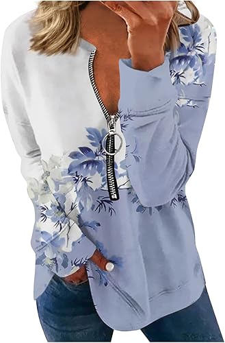 Yesunpxs Sudadera con cremallera de un cuarto para mujer, holgada, de manga larga, blusa casual, estampada, sudadera atlética de moda