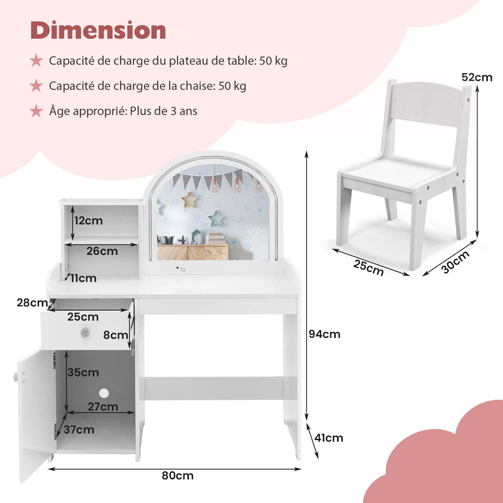 DREAMADE Coiffeuse Enfants Fille avec Tabouret&Lumières LED,2 en 1 Bureau Enfants 3+Ans avec Miroir&Dispositif Anti-Bascule,Table de Maquillage Princesse avec 2 Etagères&Tiroir,Charge 50KG (Blanc)