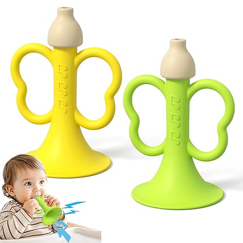 Trompeta de silicona para bebés cuerno suave para juego sensorial y alivio de la dentición, sonidos suaves, 2 unidades, amarillo y verde, fácil