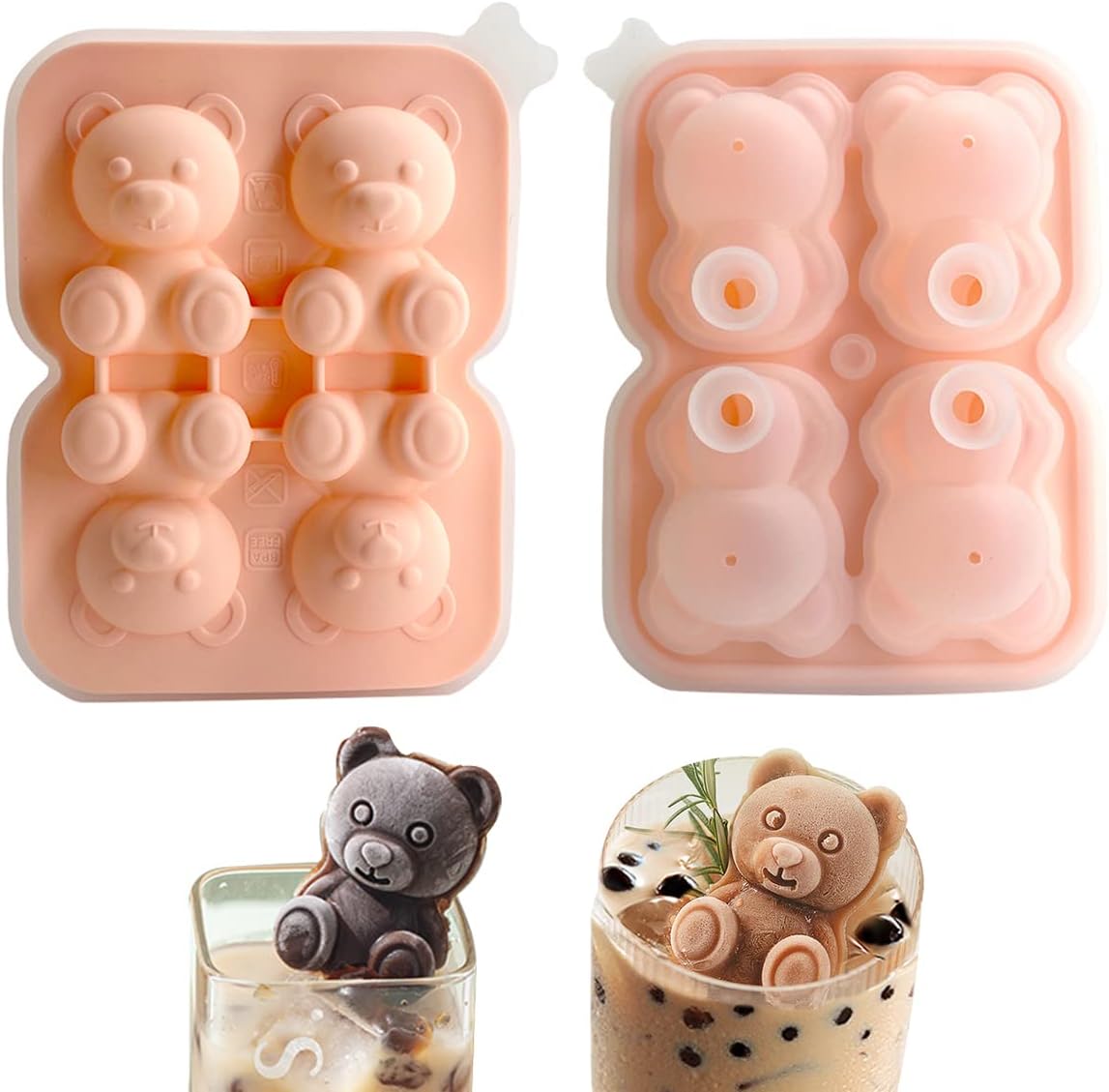ECVV 3D Cute Bear Ice Cube Mold, 4 Cavity Silicone Animal Mold Ice Cube for DIY Iced Coffee Milk Tea Beverage Drink Decoration Reusable and BPA Free