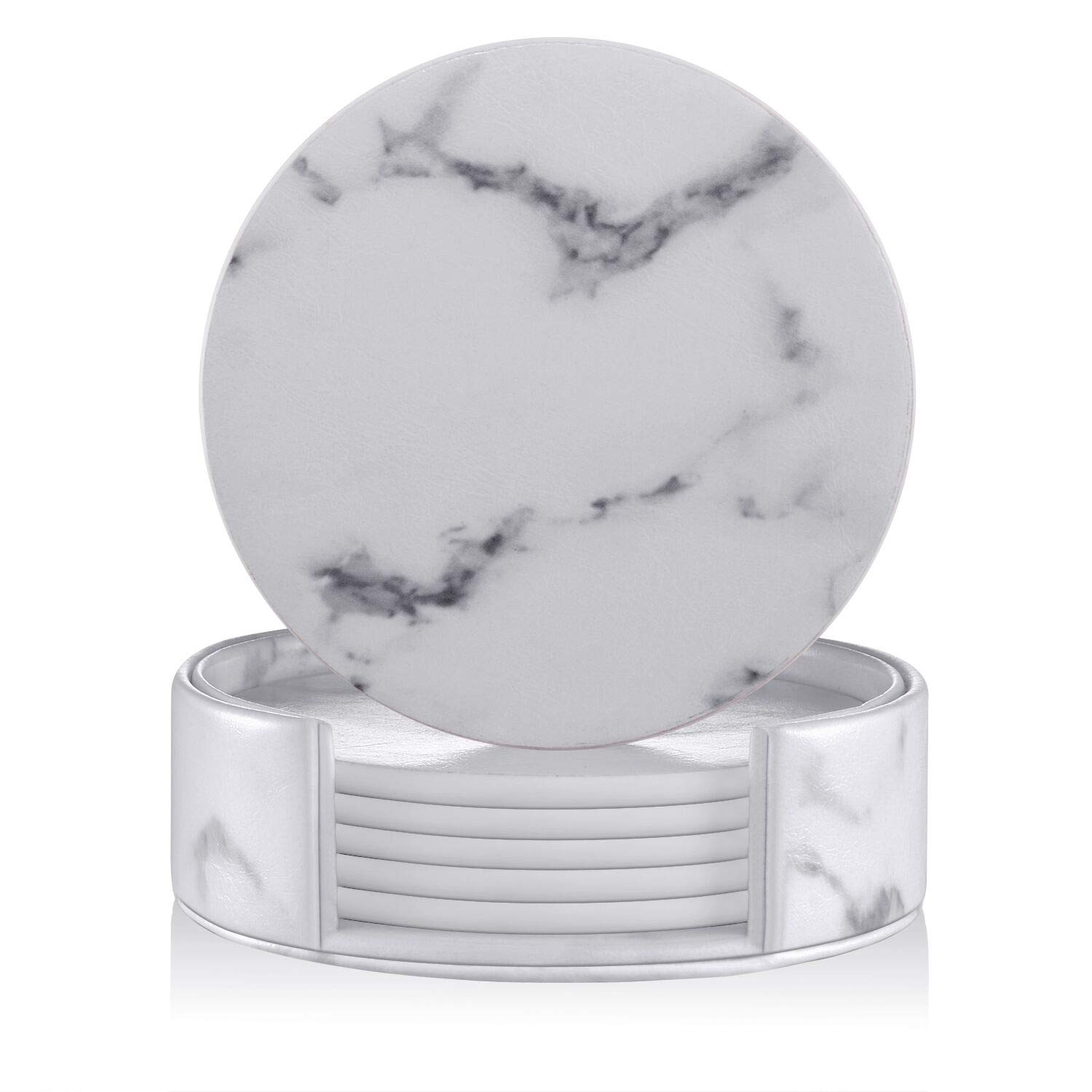 Leather Coasters, Thipoten Set of 6 Coasters for Drinks with Holder, Drink Coasters with Marble Design, Protect Furniture from Water Marks Scratch and Damage