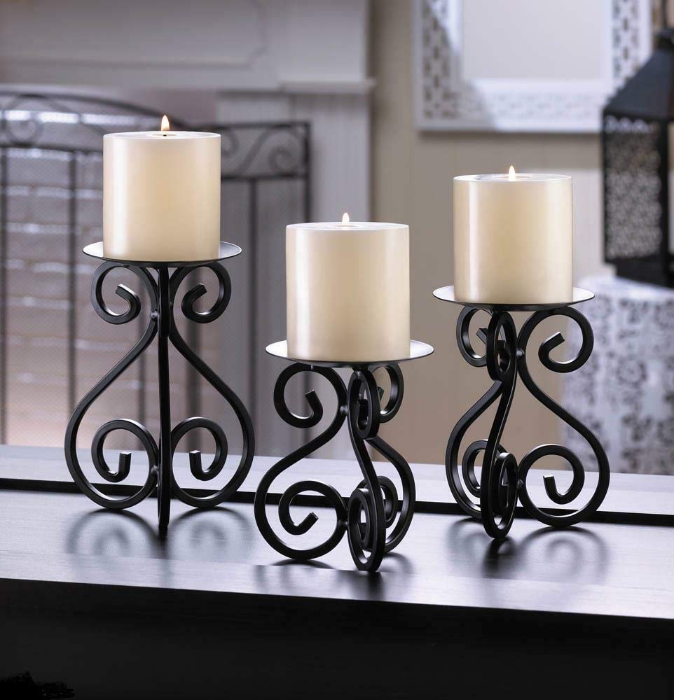 wakatobi 3 Multi Size Black Iron scrollwork Wedding Pillar Candle Holder Stands