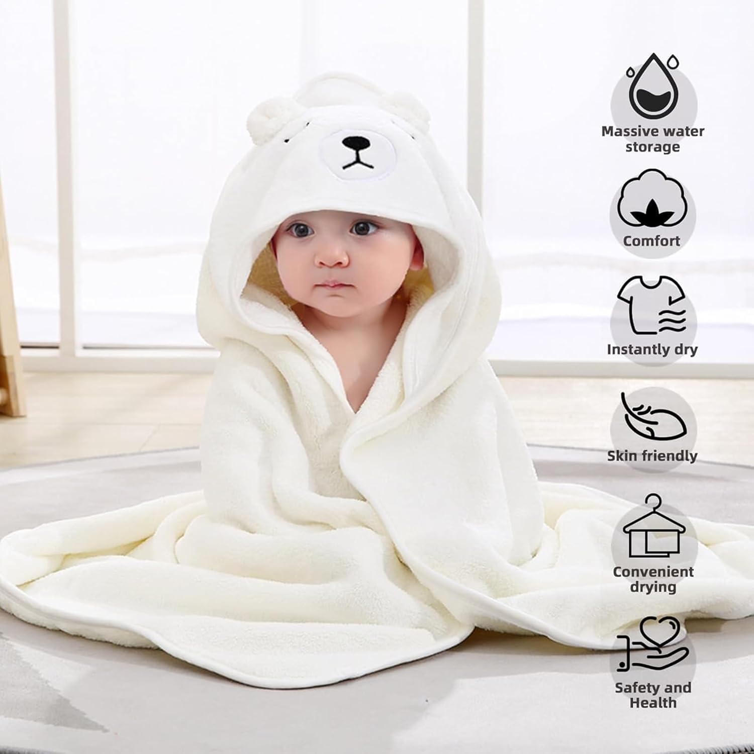 kmilro Baby Essentials Hooded Towel Set, 4-Pack Soft Ultra Absorbent 31.5x31.5 inch Towels for Boy and Girl, Toddler, Infant (White Bear)